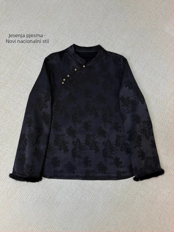 Ženska košulja u novom kineskom stilu s jacquard uzorcima i tradicionalnim čvorovima, stojeći ovratnik, zimski top s norkovim krznom za toplinu