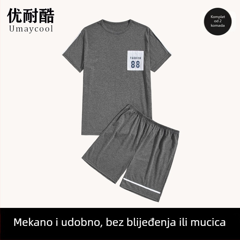 Muški set za kućnu udobnost s printom crtića, kratka majica s kratkim rukavima i karirane hlače, pogodan za nošenje i izvan kuće