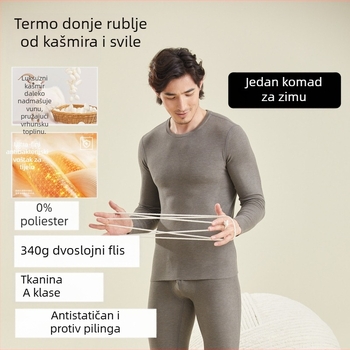 Muški termalni set od kašmira i svile s akrilom, ekstra debeli flis, dvostruki sloj bez šavova, gornji dio i hlače, okrugli izrez, dugi rukavi