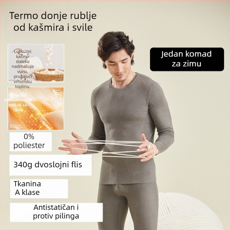 Muški termalni set od kašmira i svile s akrilom, ekstra debeli flis, dvostruki sloj bez šavova, gornji dio i hlače, okrugli izrez, dugi rukavi