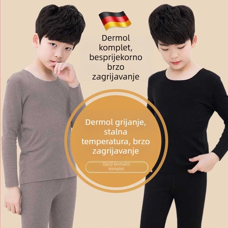 Muški termalni komplet s funkcijom samog zagrijavanja, dvostruki sloj, ultra-tanka Derong poliester tkanina, okrugli izrez, dugi rukavi, top i hlače