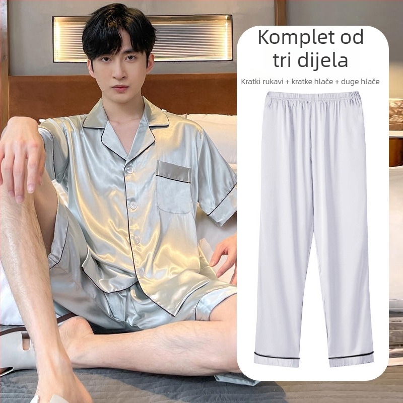 Muški troslojni ljetni komplet pidžama od ledenog svile, s topom kratkih rukava, dugim hlačama i šorcima, slobodan kroj, velika veličina