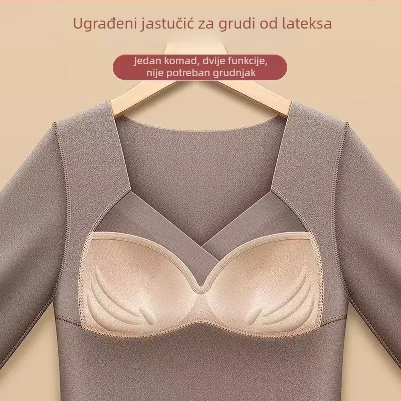 Ženski termo top s flis podstavom, debeli bazni sloj, V izrez, s umetkom za prsa, topao