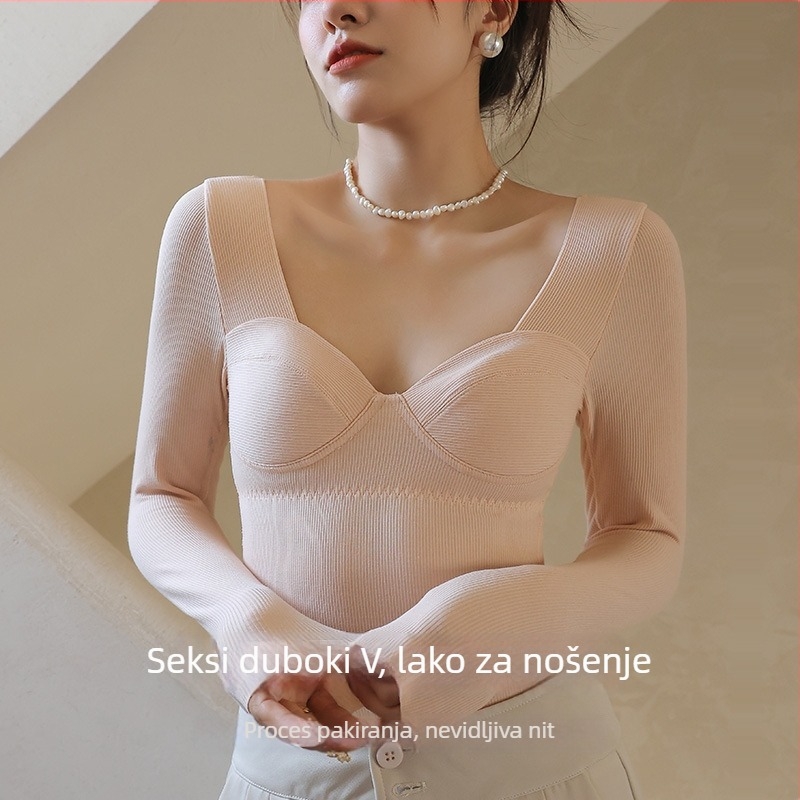 Ženski termalni top s integriranom košarom za grudnjak, V-izrez, dugi rukavi, mješavina viskoze-akrila i spandexa, srednja težina