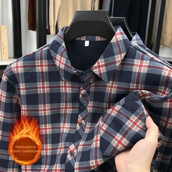 Muška karirana košulja s flis podstavom, rever ovratnik, udoban kroj, dugi rukav, retro stil, jesen-zima