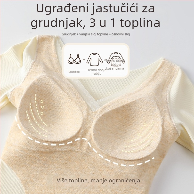 Derong termalne donje rublje s panelom za grijanje od svile i vune, integrirana jastučić za prsni dio, bez grudnjaka, dugi rukav, osnovni sloj, pogodno za nošenje kao vanjska odjeća zimi