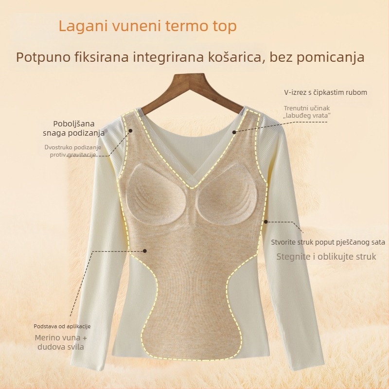 Derong termalne donje rublje s panelom za grijanje od svile i vune, integrirana jastučić za prsni dio, bez grudnjaka, dugi rukav, osnovni sloj, pogodno za nošenje kao vanjska odjeća zimi
