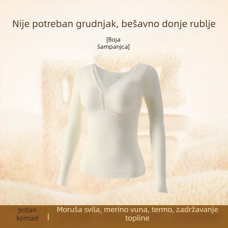 Derong termalne donje rublje s panelom za grijanje od svile i vune, integrirana jastučić za prsni dio, bez grudnjaka, dugi rukav, osnovni sloj, pogodno za nošenje kao vanjska odjeća zimi