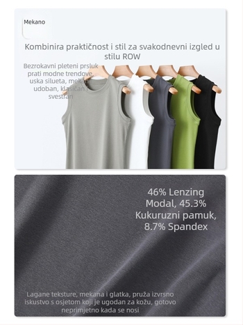 Ženski bešrukavni top od modalne i pamukaste mješavine, široke naramenice, labav kroj, duljina 50–65 cm, visoka elastičnost
