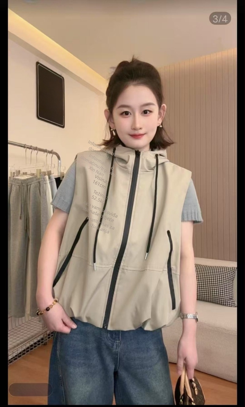 Ženski veste s labavim krojem, stojeći ovratnik i zatvarač, poliester tkanina, proljeće 2025
