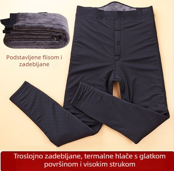 Muške termo hlače s fleece podstavom, visokim strukom, uski kroj, bazni sloj, plus veličina