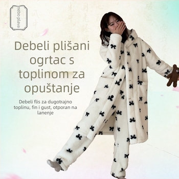 Ženski set pidžama od coral flekisa s kapuljom, ultra debeli, kardigan-stil s visokim ovratnikom, dugi rukavi i duge hlače, uzorak točkica i vodoravne pruge, topao i udoban