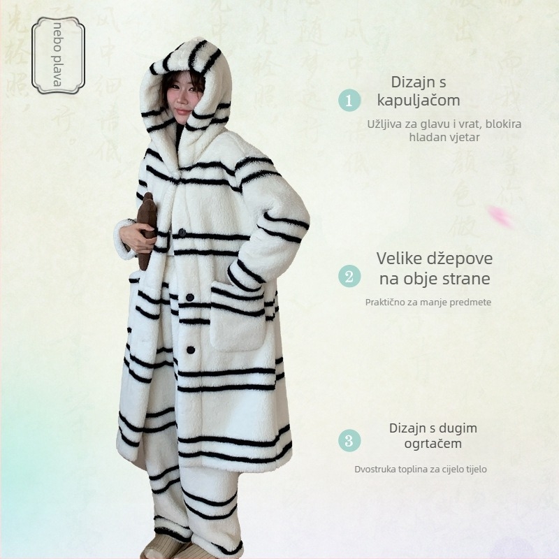 Ženski set pidžama od coral flekisa s kapuljom, ultra debeli, kardigan-stil s visokim ovratnikom, dugi rukavi i duge hlače, uzorak točkica i vodoravne pruge, topao i udoban