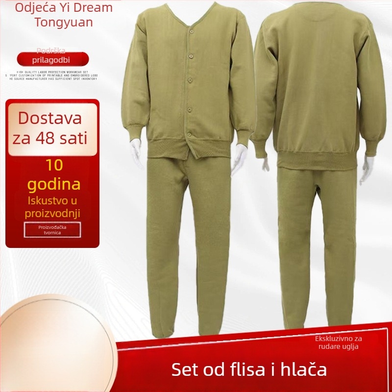 Muški radni komplet od 100% pamuka fleece – jakna i hlače, dvostruki sloj, izuzetno debeli flis za očuvanje topline, za rudare