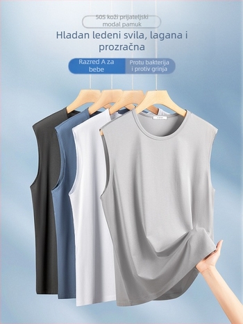 Muški bezrukavni T-shirt vest, opuštena silueta, tanak, prozračan, brzo sušenje, antibakterijski, Modal-bavun-spandeks smjesa (47% modal, 47% pamuk, 6% spandex), ljeto 2025