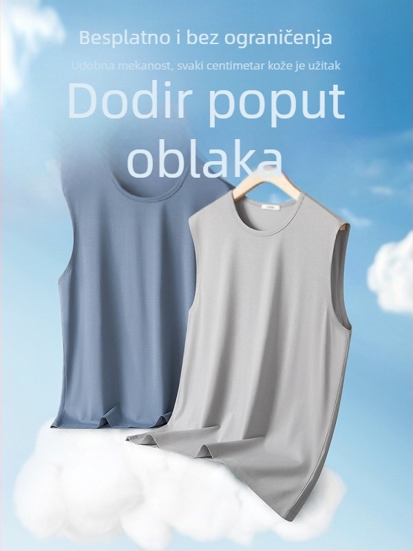 Muški bezrukavni T-shirt vest, opuštena silueta, tanak, prozračan, brzo sušenje, antibakterijski, Modal-bavun-spandeks smjesa (47% modal, 47% pamuk, 6% spandex), ljeto 2025