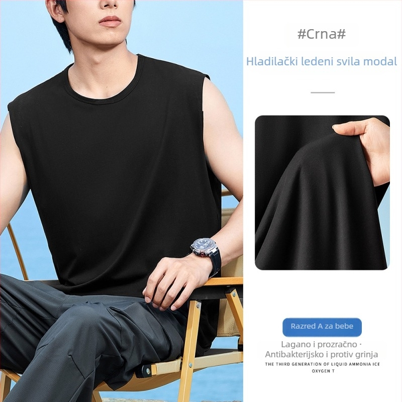 Muški bezrukavni T-shirt vest, opuštena silueta, tanak, prozračan, brzo sušenje, antibakterijski, Modal-bavun-spandeks smjesa (47% modal, 47% pamuk, 6% spandex), ljeto 2025