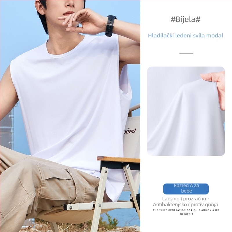 Muški bezrukavni T-shirt vest, opuštena silueta, tanak, prozračan, brzo sušenje, antibakterijski, Modal-bavun-spandeks smjesa (47% modal, 47% pamuk, 6% spandex), ljeto 2025