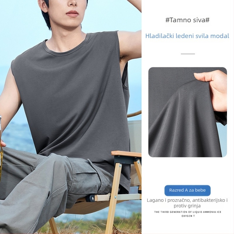 Muški bezrukavni T-shirt vest, opuštena silueta, tanak, prozračan, brzo sušenje, antibakterijski, Modal-bavun-spandeks smjesa (47% modal, 47% pamuk, 6% spandex), ljeto 2025