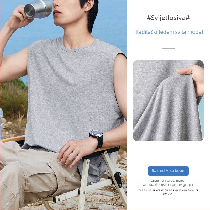 Muški bezrukavni T-shirt vest, opuštena silueta, tanak, prozračan, brzo sušenje, antibakterijski, Modal-bavun-spandeks smjesa (47% modal, 47% pamuk, 6% spandex), ljeto 2025