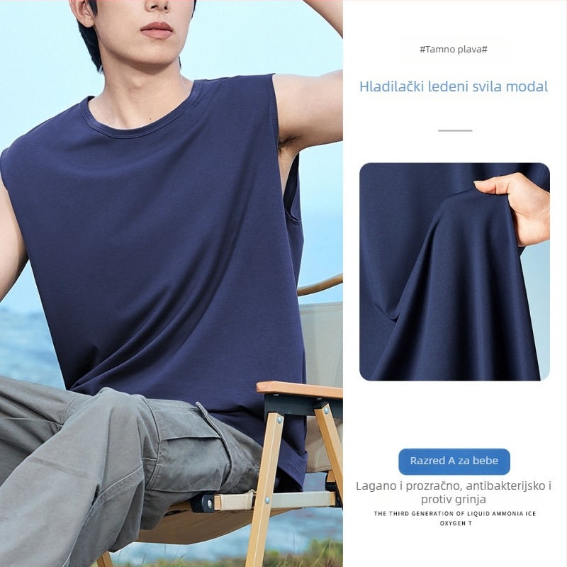 Muški bezrukavni T-shirt vest, opuštena silueta, tanak, prozračan, brzo sušenje, antibakterijski, Modal-bavun-spandeks smjesa (47% modal, 47% pamuk, 6% spandex), ljeto 2025