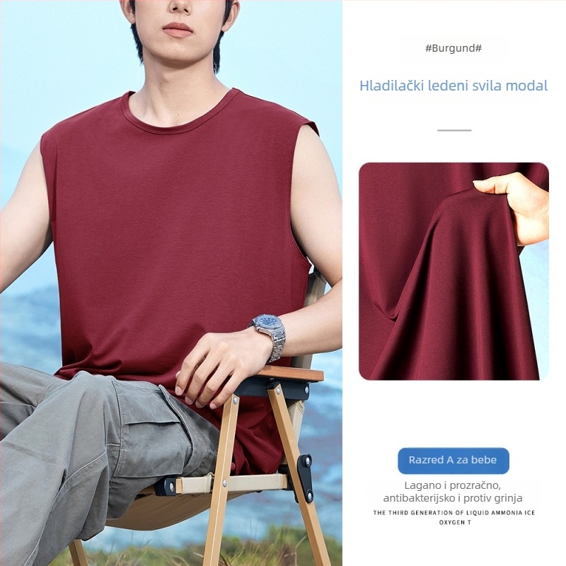 Muški bezrukavni T-shirt vest, opuštena silueta, tanak, prozračan, brzo sušenje, antibakterijski, Modal-bavun-spandeks smjesa (47% modal, 47% pamuk, 6% spandex), ljeto 2025