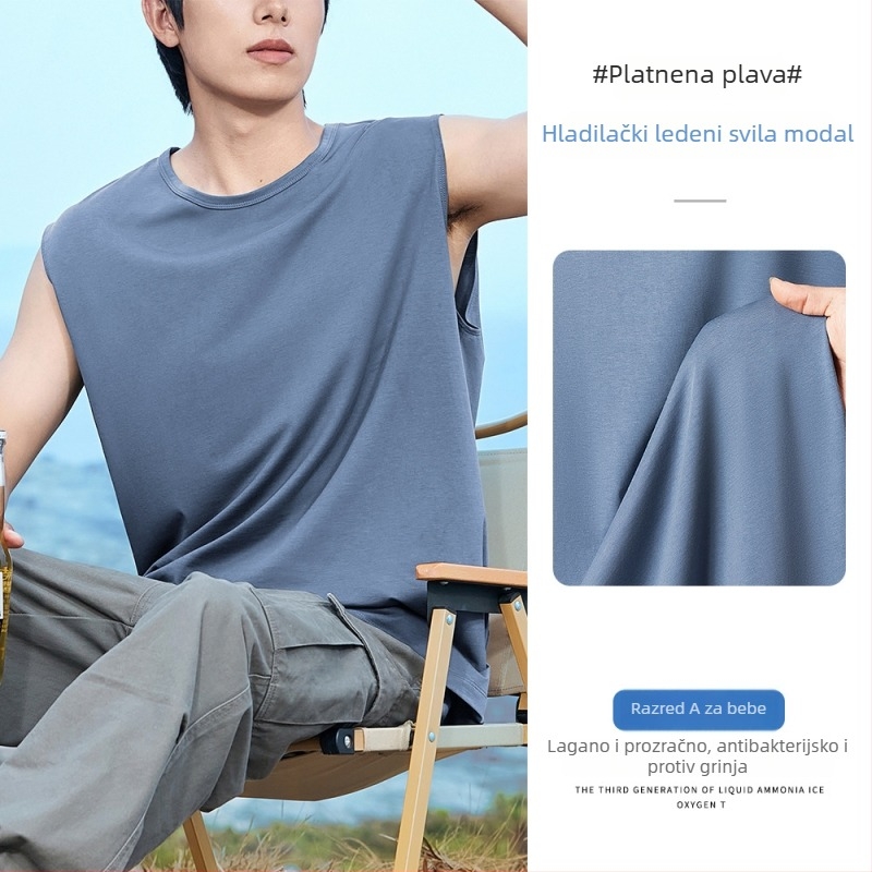 Muški bezrukavni T-shirt vest, opuštena silueta, tanak, prozračan, brzo sušenje, antibakterijski, Modal-bavun-spandeks smjesa (47% modal, 47% pamuk, 6% spandex), ljeto 2025