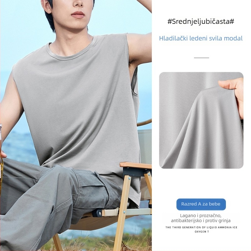 Muški bezrukavni T-shirt vest, opuštena silueta, tanak, prozračan, brzo sušenje, antibakterijski, Modal-bavun-spandeks smjesa (47% modal, 47% pamuk, 6% spandex), ljeto 2025