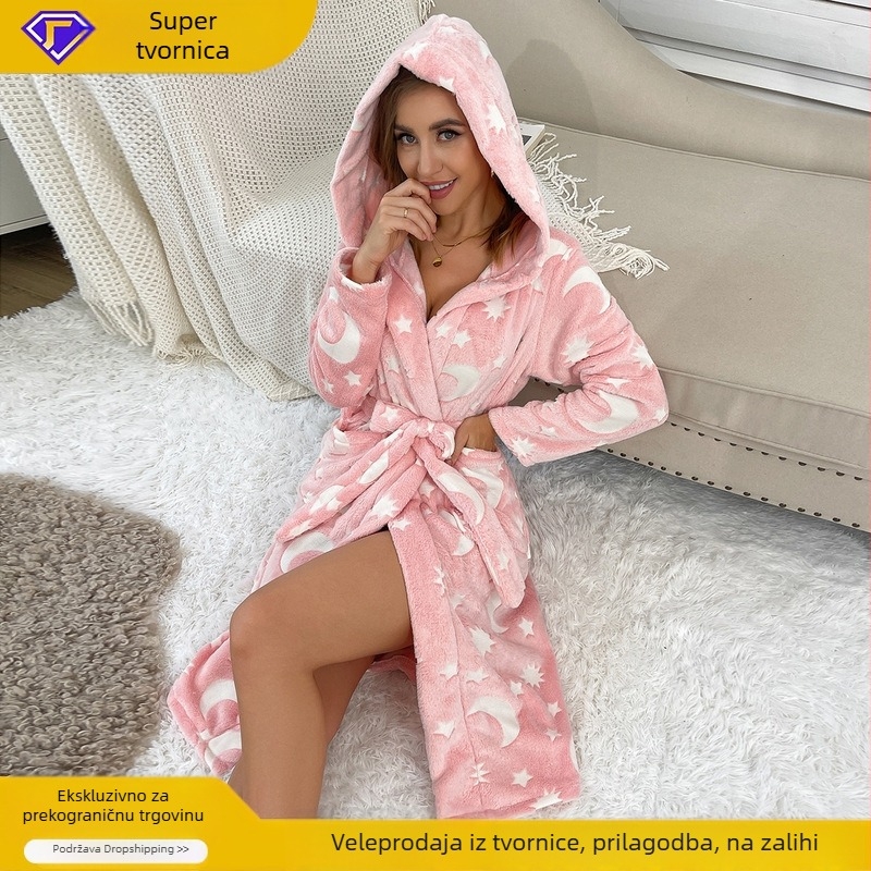 Najlonski ogrtač s kapuljačom, debeo i topao kućni loungewear sa kaišem, prilagodljiv