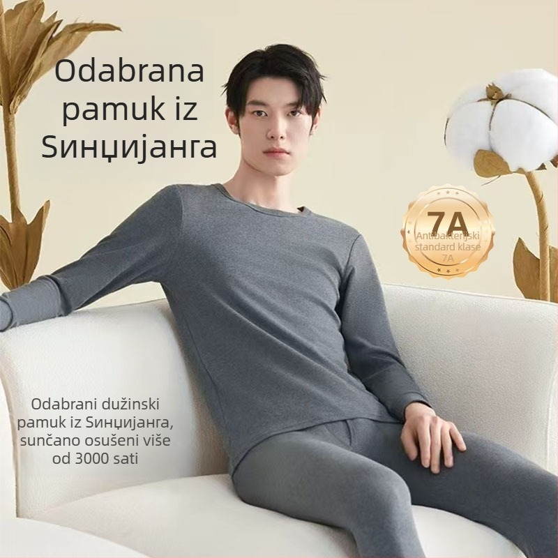 Muški pamučni termalni set za bazni sloj: gustoća 201-250 g/m2, 95-100% pamuk, okrugli izrez, dugi rukav, hlače, jednobojno