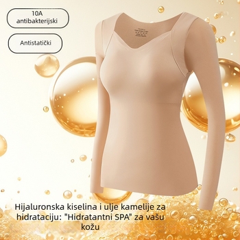Ženska osnovna majica s integriranim grudnjakom, dugi rukavi, V-dekolte, najlon, crna, za jesen/zimu