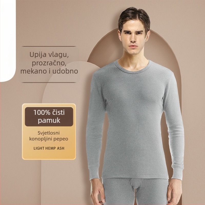 Muški termalni komplet od 100% pamuka – gornji dio s okruglim izrezom i dugi rukav te dugi donji dio, debela tkanina, održava toplinu