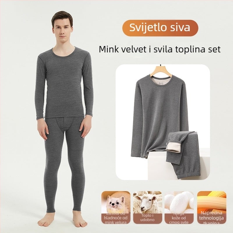 Muški termalni komplet s fleece podsukom, bez šavova, okrugli izrez, dugi rukav, hlače, srednja gustoća 161–180 g/m²