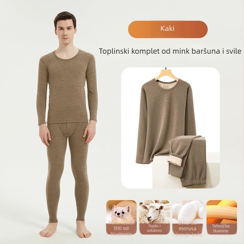 Muški termalni komplet s fleece podsukom, bez šavova, okrugli izrez, dugi rukav, hlače, srednja gustoća 161–180 g/m²