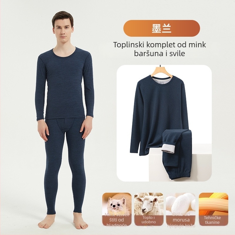Muški termalni komplet s fleece podsukom, bez šavova, okrugli izrez, dugi rukav, hlače, srednja gustoća 161–180 g/m²