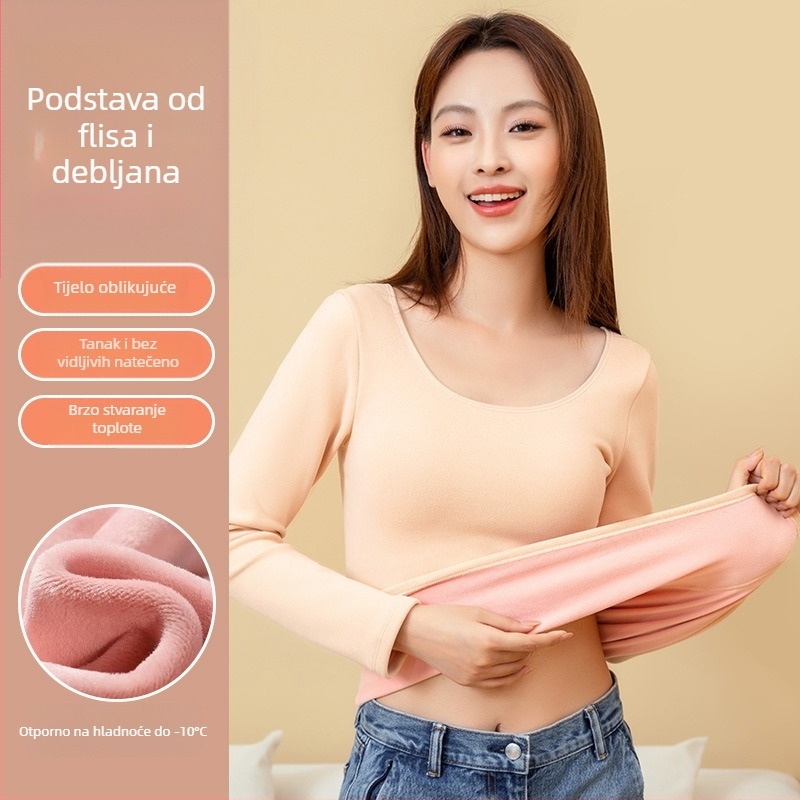 Ženski termalni top za dojenje s fleece podstavom, U-izrez, dugi rukav, debela poliester tkanina