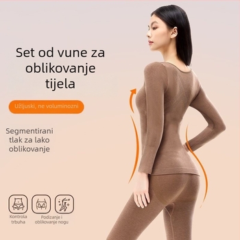Termalni oblikujući set donjeg rublja: temeljni sloj s autonomnim zagrijavanjem, oblikovanje tijela, podizanje stražnjice i učvršćivanje trbuha; 30–50% vune; dugi rukav, okrugli vrat, bez šavova.