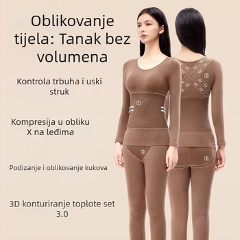 Termalni oblikujući set donjeg rublja: temeljni sloj s autonomnim zagrijavanjem, oblikovanje tijela, podizanje stražnjice i učvršćivanje trbuha; 30–50% vune; dugi rukav, okrugli vrat, bez šavova.