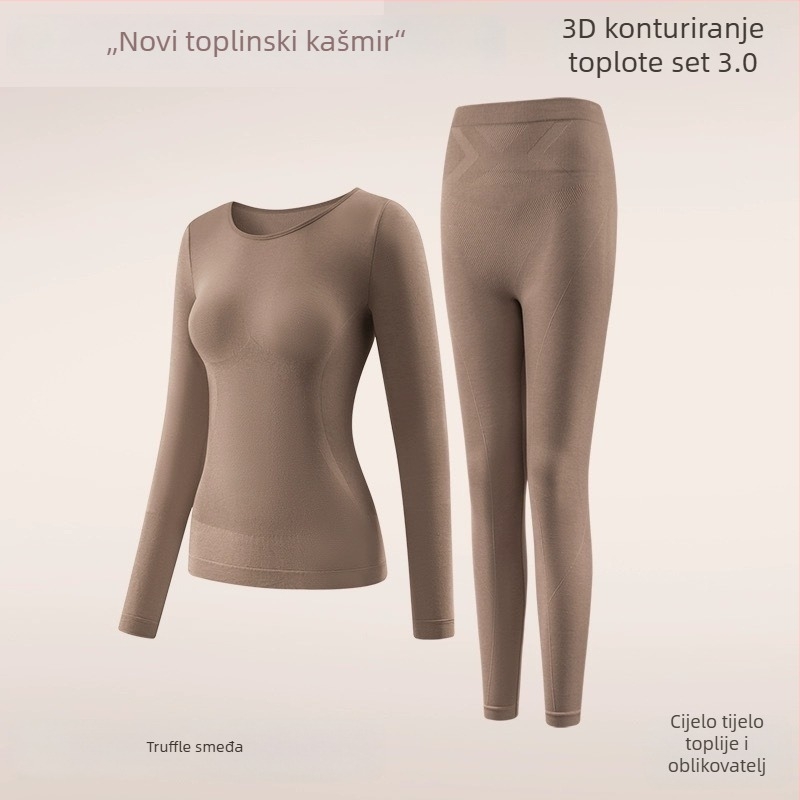 Termalni oblikujući set donjeg rublja: temeljni sloj s autonomnim zagrijavanjem, oblikovanje tijela, podizanje stražnjice i učvršćivanje trbuha; 30–50% vune; dugi rukav, okrugli vrat, bez šavova.