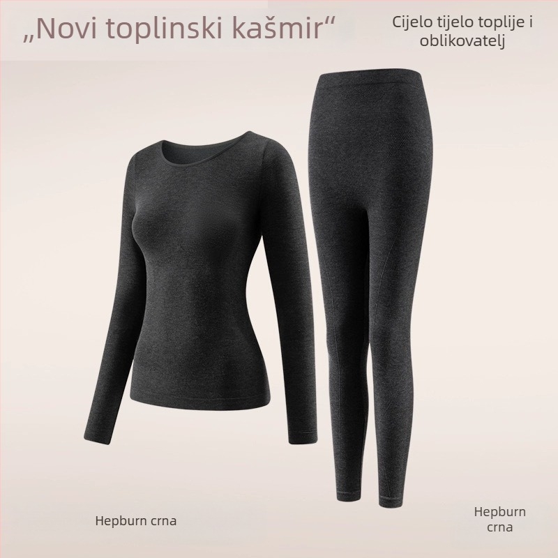 Termalni oblikujući set donjeg rublja: temeljni sloj s autonomnim zagrijavanjem, oblikovanje tijela, podizanje stražnjice i učvršćivanje trbuha; 30–50% vune; dugi rukav, okrugli vrat, bez šavova.