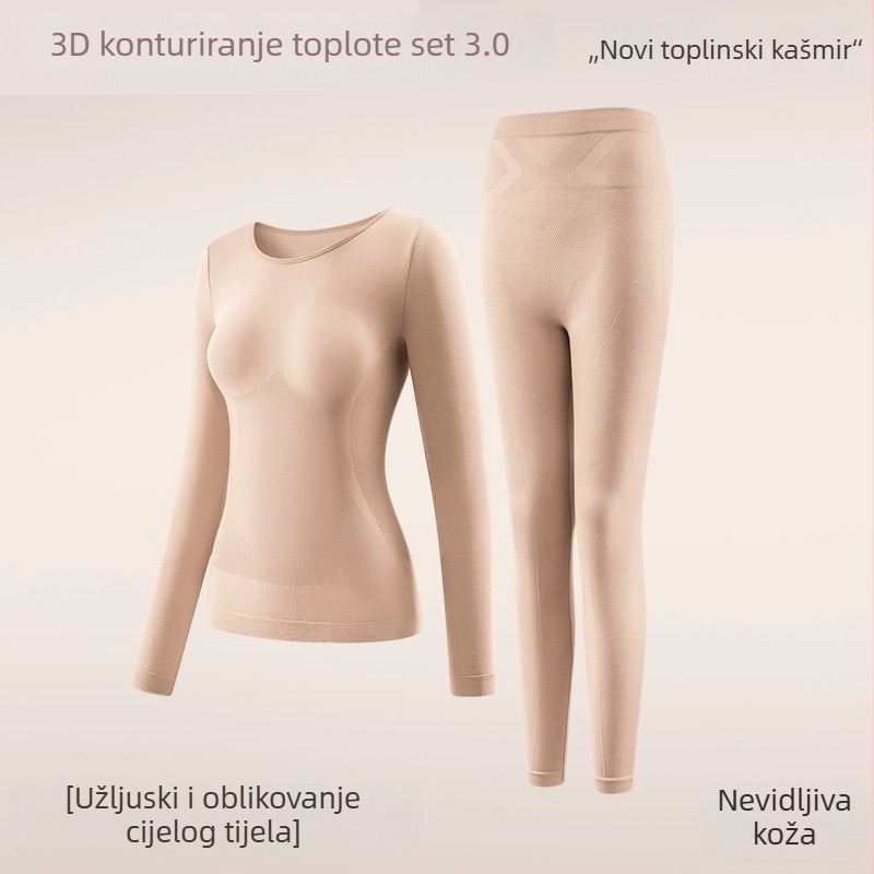 Termalni oblikujući set donjeg rublja: temeljni sloj s autonomnim zagrijavanjem, oblikovanje tijela, podizanje stražnjice i učvršćivanje trbuha; 30–50% vune; dugi rukav, okrugli vrat, bez šavova.