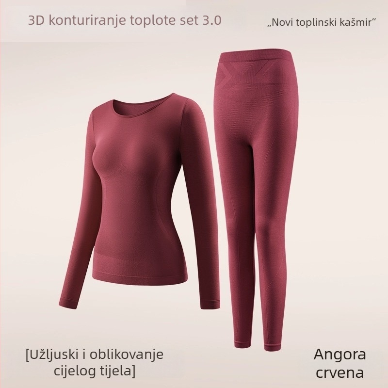 Termalni oblikujući set donjeg rublja: temeljni sloj s autonomnim zagrijavanjem, oblikovanje tijela, podizanje stražnjice i učvršćivanje trbuha; 30–50% vune; dugi rukav, okrugli vrat, bez šavova.
