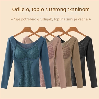 Ženska dvostruko slojena termalna majica s umetkom za prsa, V izrez, dugi rukavi, osnovni sloj, samogrijanje