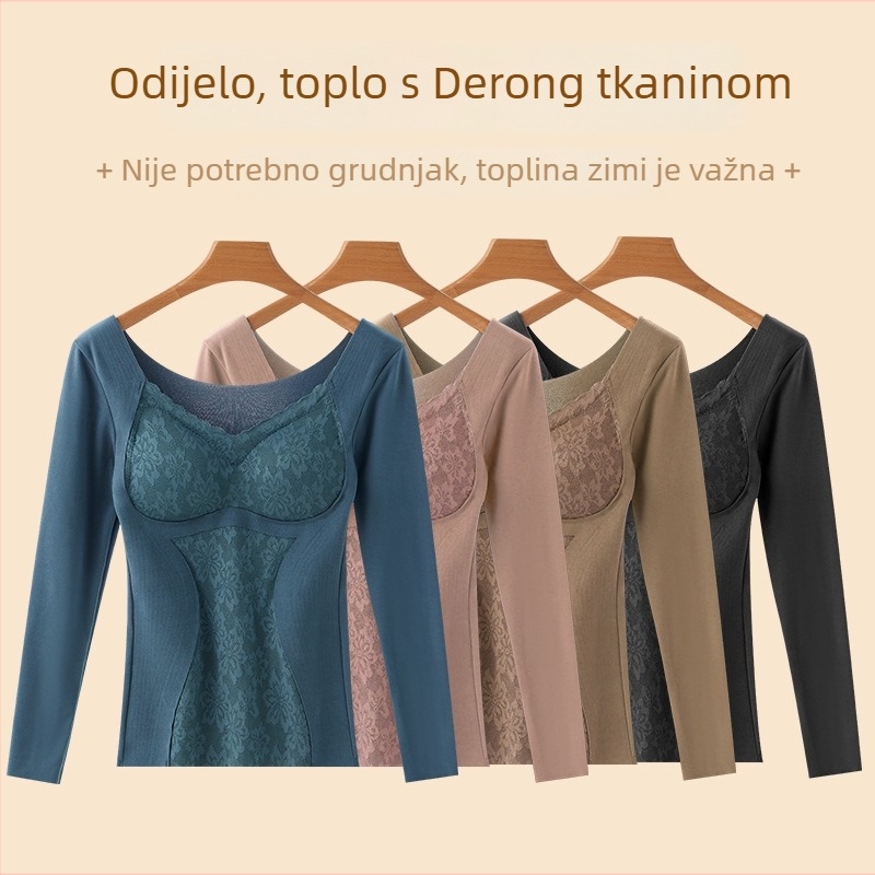 Ženska dvostruko slojena termalna majica s umetkom za prsa, V izrez, dugi rukavi, osnovni sloj, samogrijanje