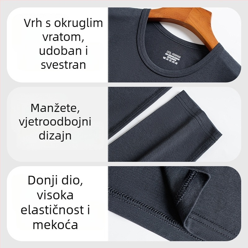 Muški termični komplet donjeg rublja — modalna tkanina, pamukova podstava, tanki materijal, umjerena toplina, uski kroj