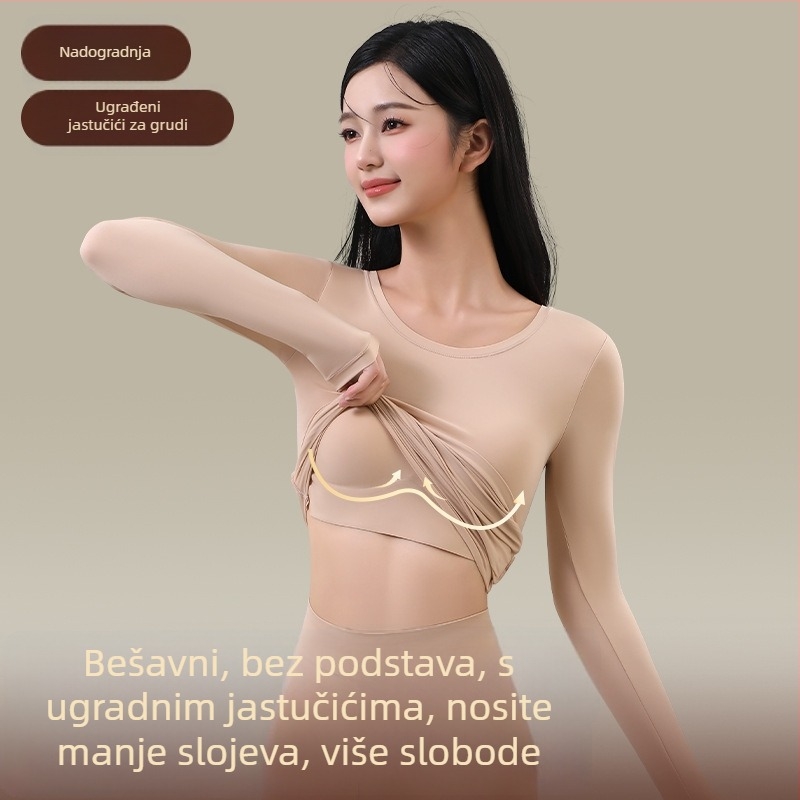 Ženski nylonni termalni komplet za jesen-zimu s ugrađenim košaricama i grudnim jastučićima — dugi rukav, okrugli izrez, osnovni sloj, antistaticki, prozračan, oblikuje tijelo, održava toplinu (prosječna težina 141–160 g/m²)