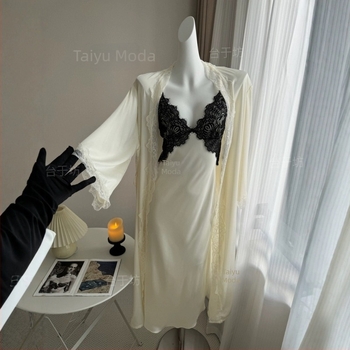 Noćna pidžama od Ice Silk za žene, duga noćna haljina s čipkom, 3/4 rukava, 100% poliester
