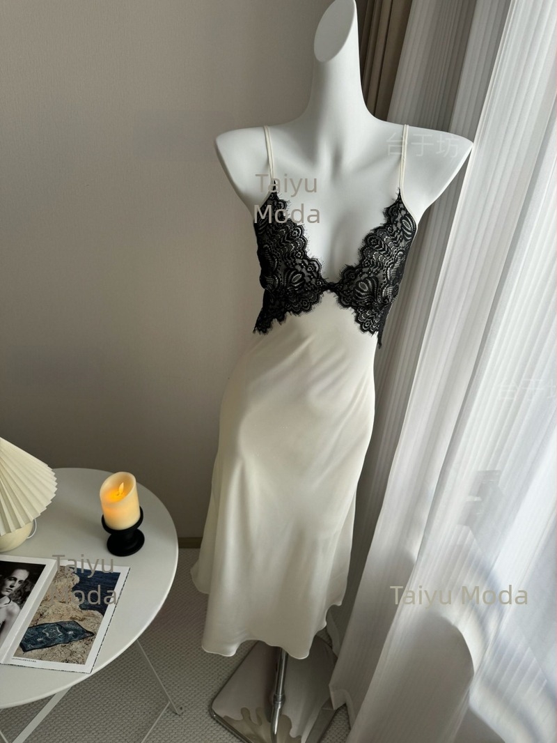 Noćna pidžama od Ice Silk za žene, duga noćna haljina s čipkom, 3/4 rukava, 100% poliester