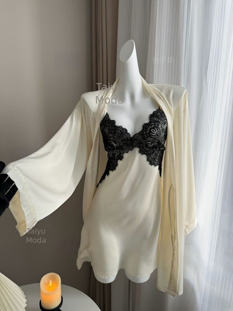 Noćna pidžama od Ice Silk za žene, duga noćna haljina s čipkom, 3/4 rukava, 100% poliester