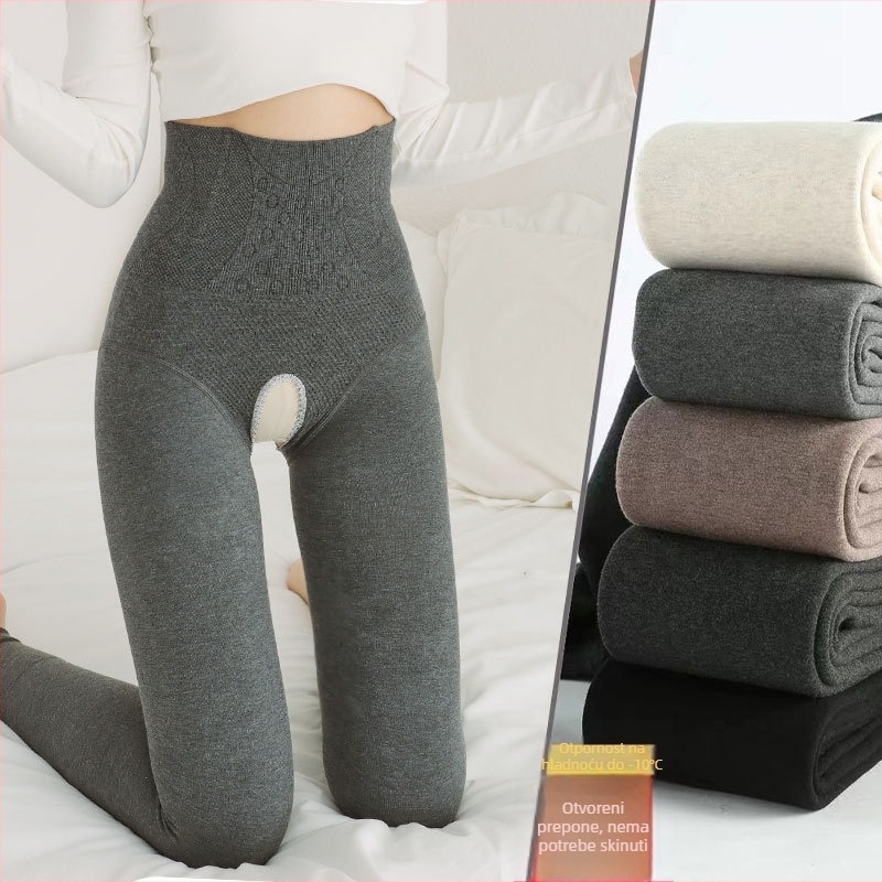 Leggings s visokim strukom, otvorenim preponom, debeli flis, češćeni pamuk, jednostavan uzorak